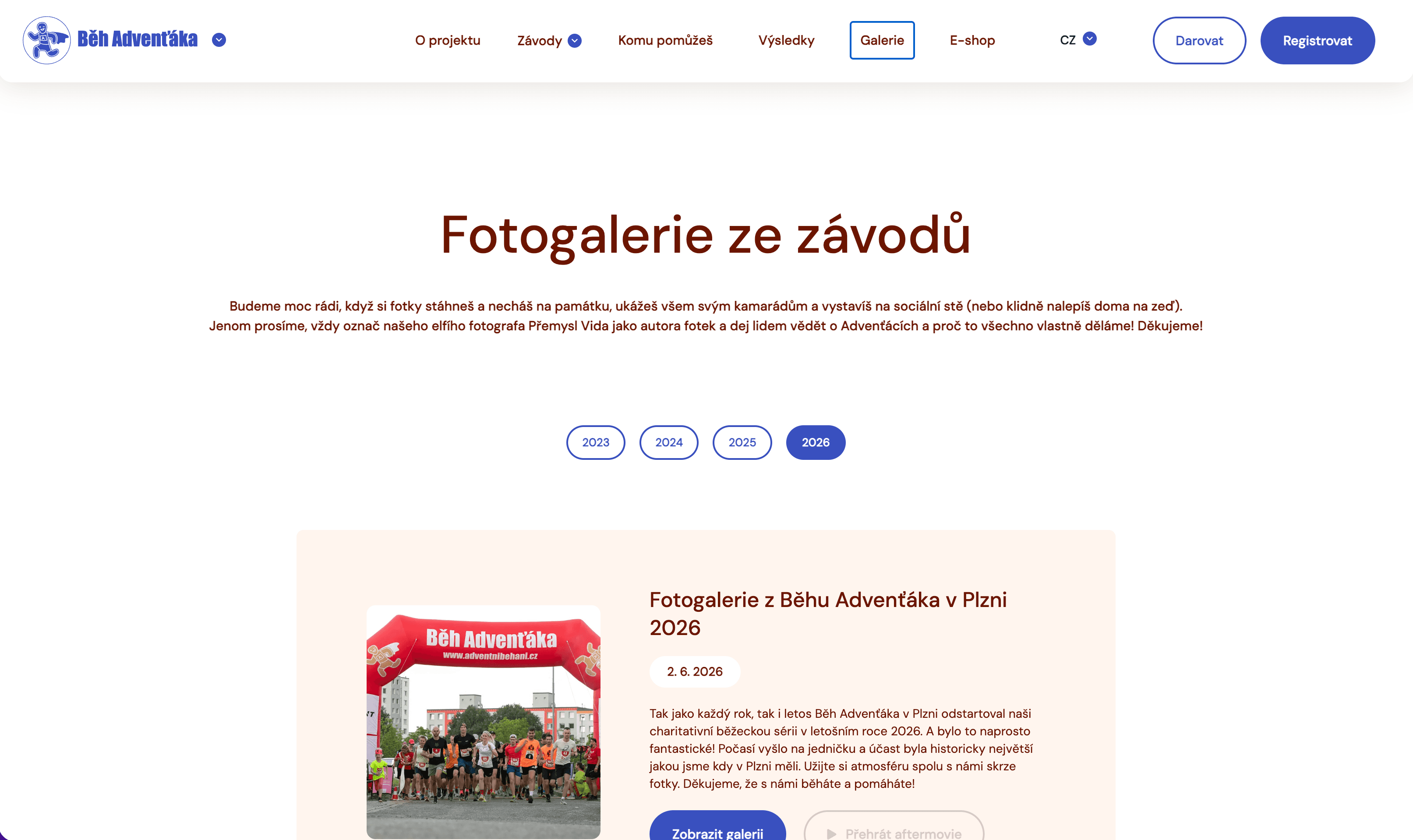 screenshot produktu - registrace, darování a žebříček běžců