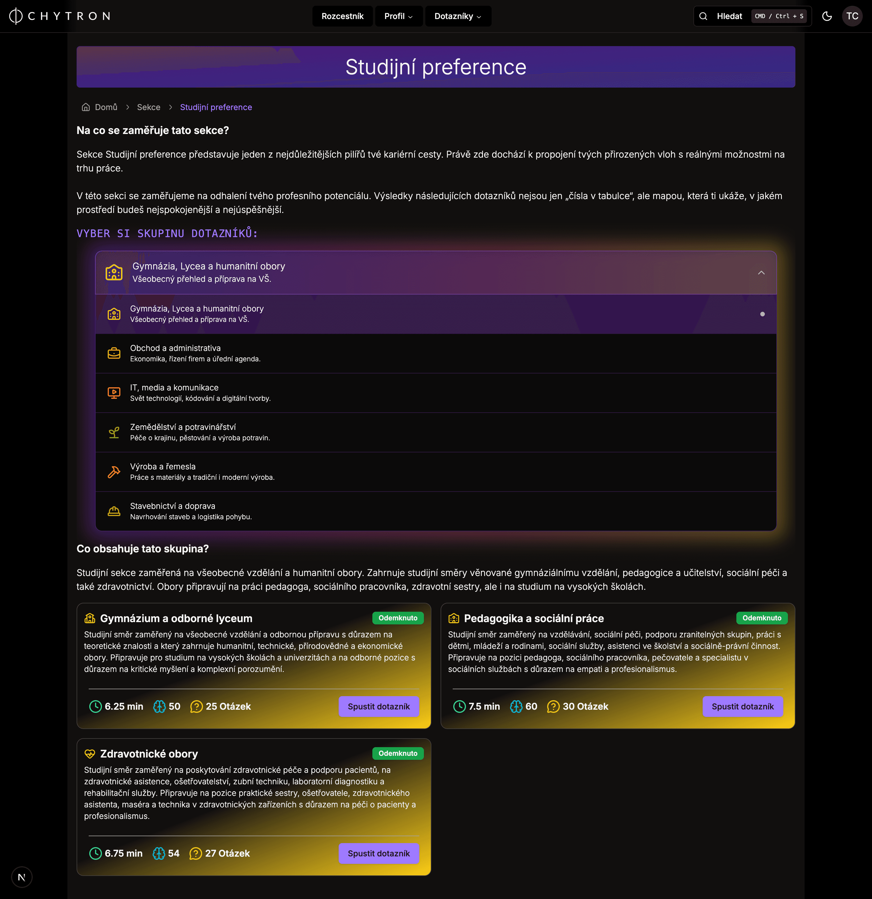 screenshot produktu - výsledková karta s normovaným skóre
